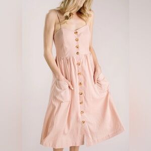 BeBop Spaghetti Strap Linen Wood Button Midi Dress with Pockets M